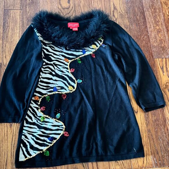 VTG Christmas Lights Sweater Womens L Faux Fur Collar Ugly Christmas Zebra - Picture 2 of 9
